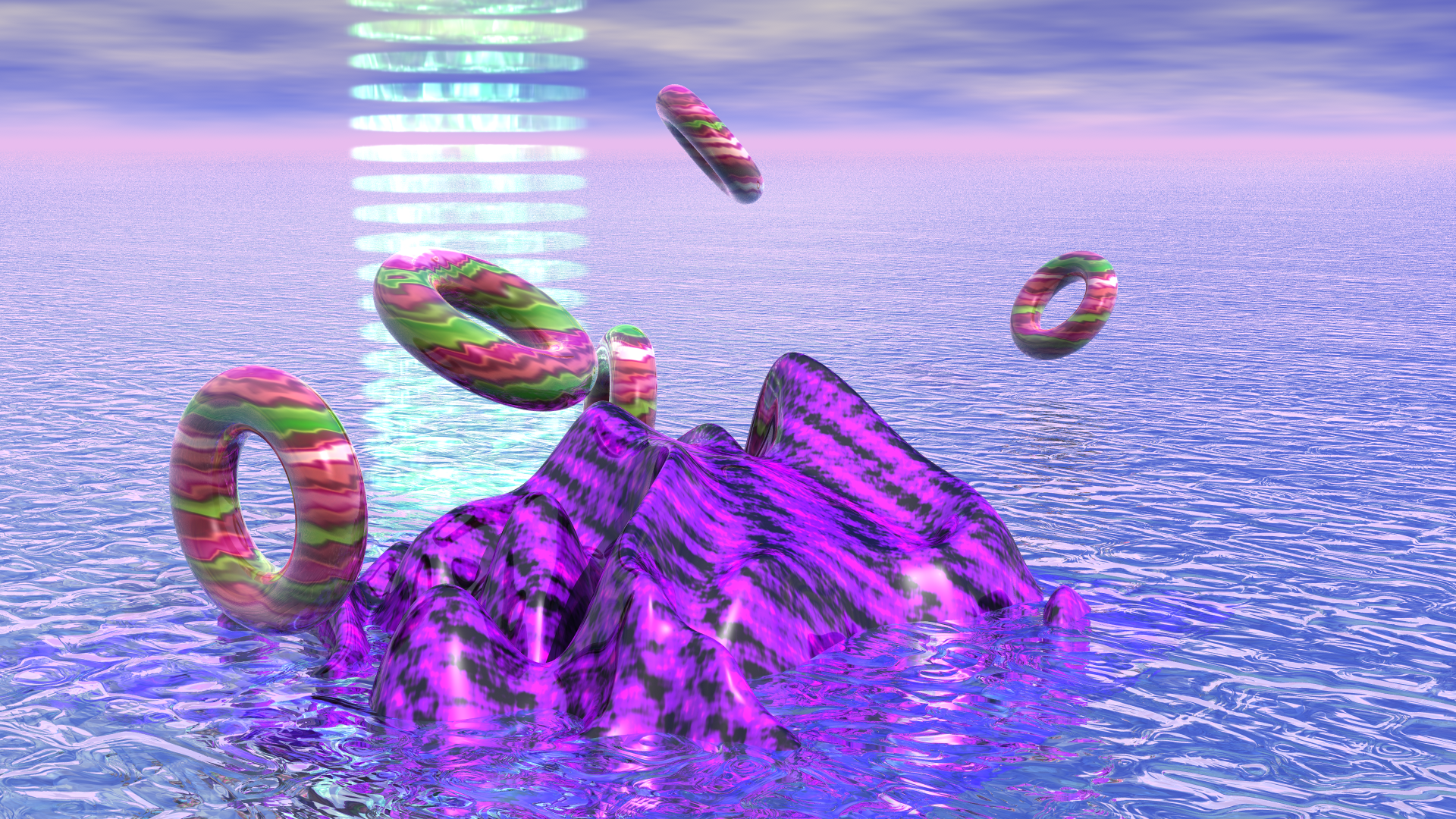 Purple island with floating multicolored donuts in an ocean with a UFO beam coming down from space.